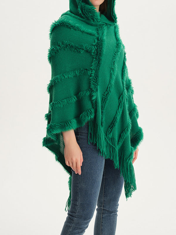 flowersverse Hooded Keep Warm Solid Color Tasseled Shawl&Cloak Cape