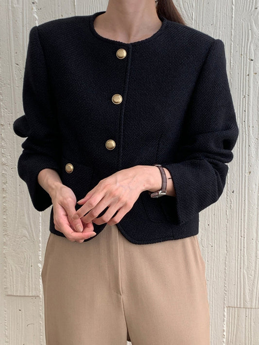 flowersverse Buttoned Pockets Long Sleeves Loose Round-Neck Outerwear