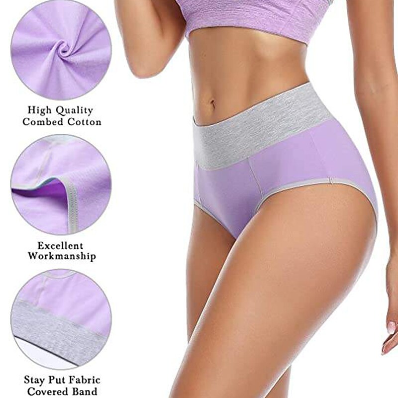flowersverse Women's Plus Size Basic Vacation Pure Color Shaping Panty Stretchy High Waist Cotton 5 Pieces Green M