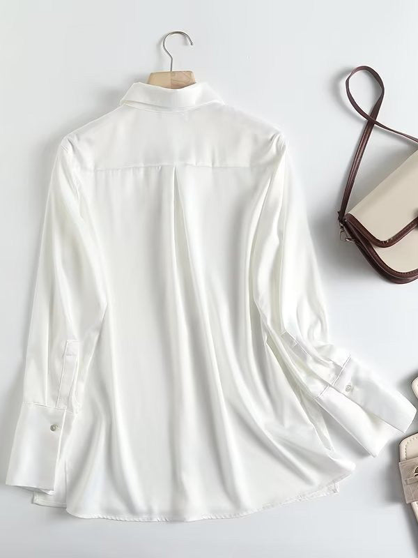 flowersverse Casual Loose Long Sleeves Buttoned Solid Color Lapel Collar Blouses&Shirts Tops