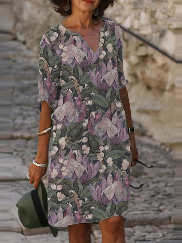 flowersverse Women's Casual Dress Shift Dress Mini Dress Black Blue Grey Half Sleeve Floral Print Winter Fall Spring V Neck Fashion Daily S M L XL XXL 3XL