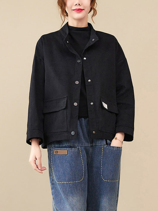 flowersverse Vintage Long Sleeves Loose Buttoned Solid Color High-Neck Outerwear