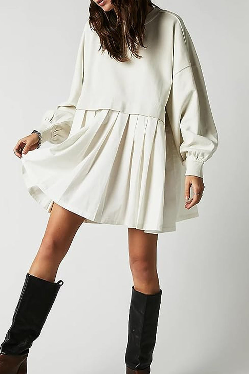 flowersverse Casual Solid Patchwork Contrast O Neck Pleated Dresses(6 Colors)
