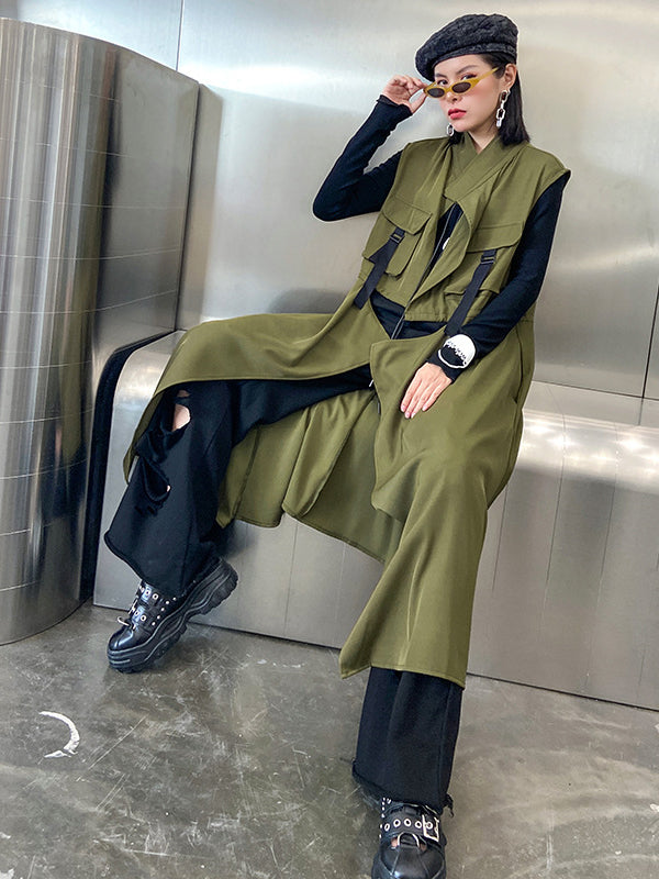 flowersverse Casual Asymmetric Split-Joint Drawstring Vest Dress Outerwear