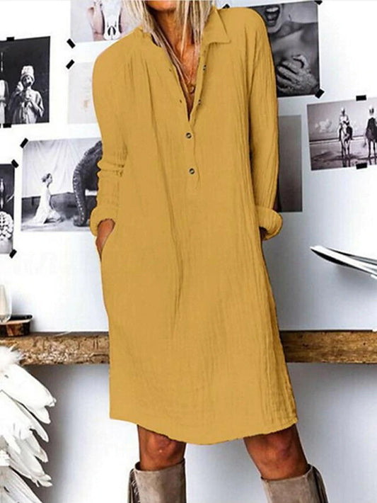 flowersverse Women's Shift Dress Knee Length Dress - Long Sleeve Spring Summer Shirt Collar Hot Casual Loose White Yellow Navy Blue White Dresses Linen