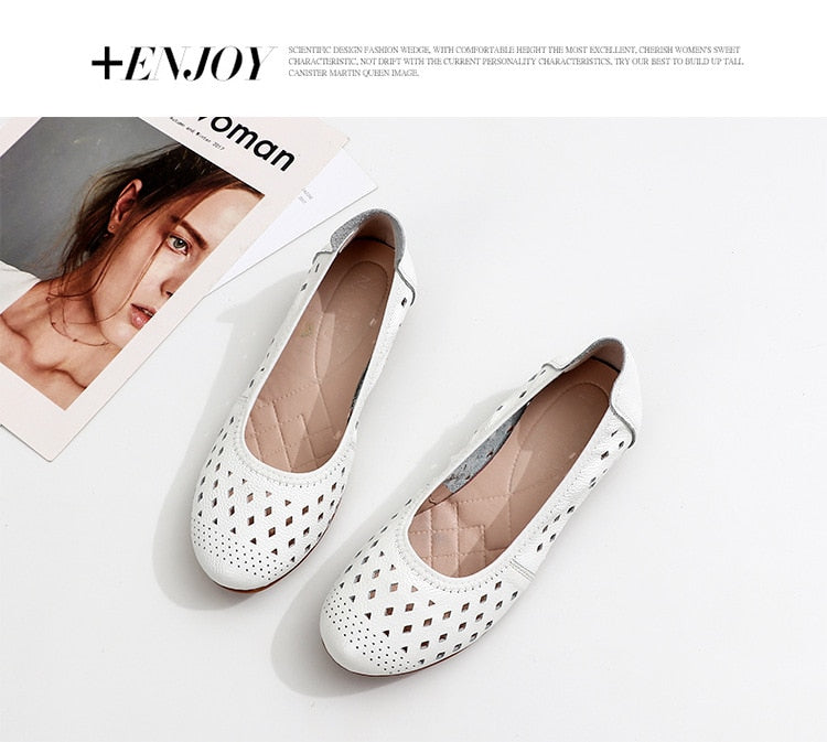 flowersverse Spring Genuine Leather Flat Summer Shoes Women Casual Hollow Breathable Soft Bottom Ladies Flats Plus Size 35-43