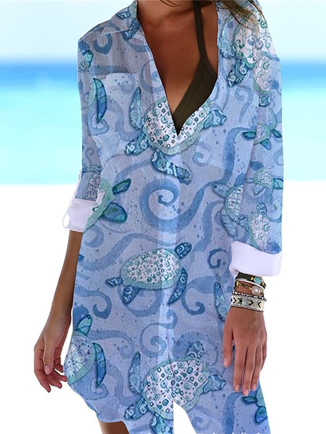 flowersverse Women's Shirt Dress Cover Up Beach Wear Mini Dress Pocket Print Fashion Casual Fish Turndown 3/4 Length Sleeve Loose Fit Outdoor Daily White Blue Spring Summer S M L XL