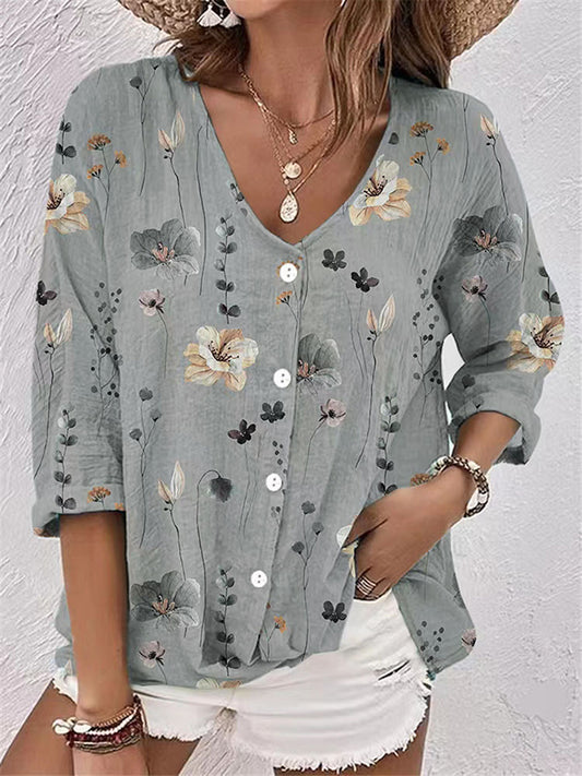 flowersverse Buttoned Flower Print Long Sleeves Loose V-neck Blouses&shirts Tops