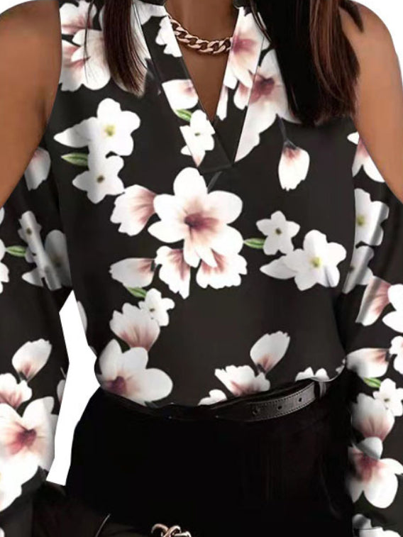 flowersverse Original Creation Loose Long Sleeves Floral Printed Hollow V-Neck Blouses&Shirts Tops