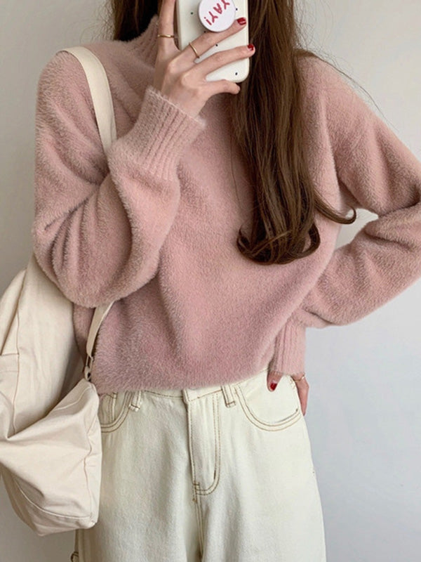 flowersverse Solid Color Long Sleeves Loose Mock Neck Sweater Tops Pullovers