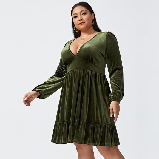flowersverse Plus Size Short Skirt Women's V-neck Waist-controlled Slimming Long Sleeve Sexy Dress