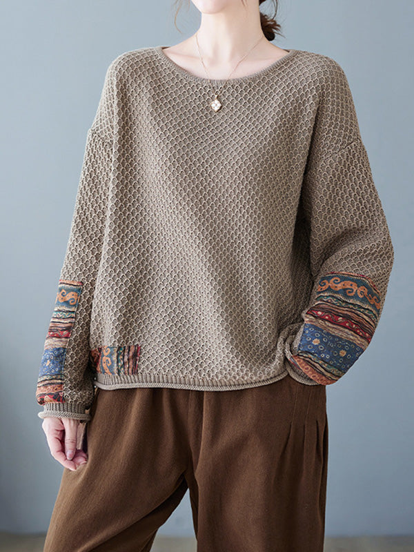 flowersverse Printed Split-Joint Long Sleeves Loose Round-Neck Sweater Tops Pullovers