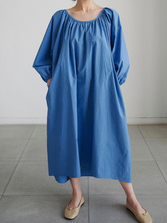 flowersverse Original Casual Loose Solid Color Pleated Puff Sleeves Midi Dress