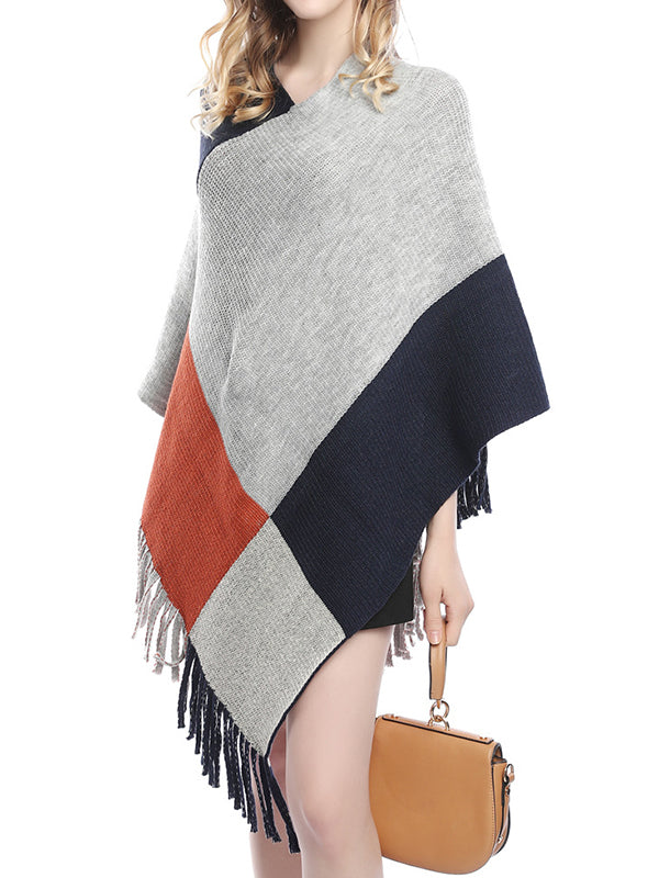 flowersverse Asymmetric Color-Block Tasseled Loose V-Neck Shawl&Cloak Cape