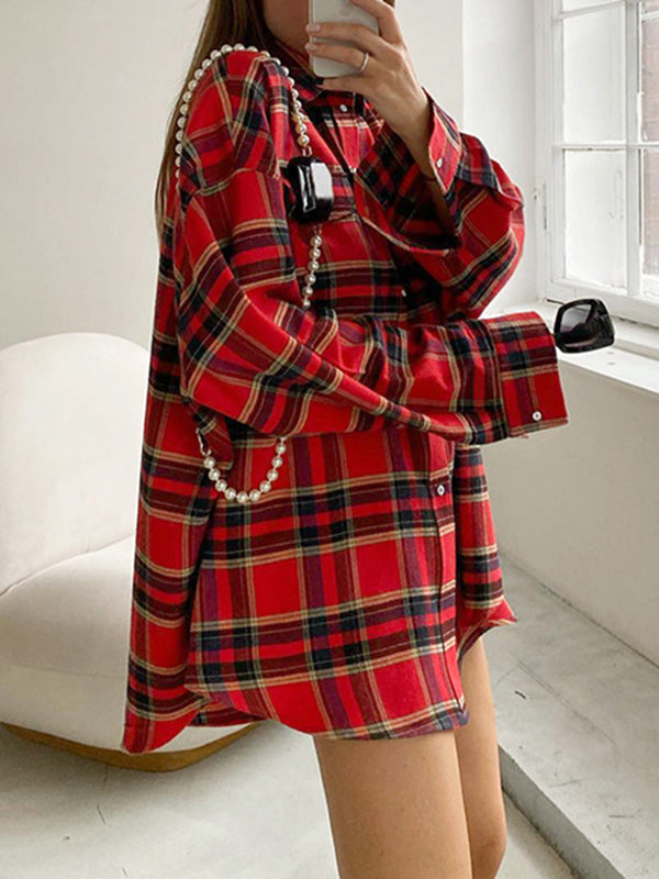 flowersverse Buttoned Plaid Long Sleeves Loose Lapel Blouses&Shirts Tops