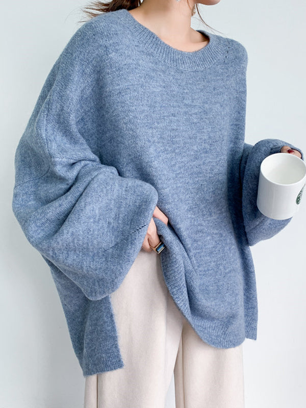 flowersverse Stretch Mohair-Blend Balloon Sleeves Loose Solid Round-Neck Sweater Tops