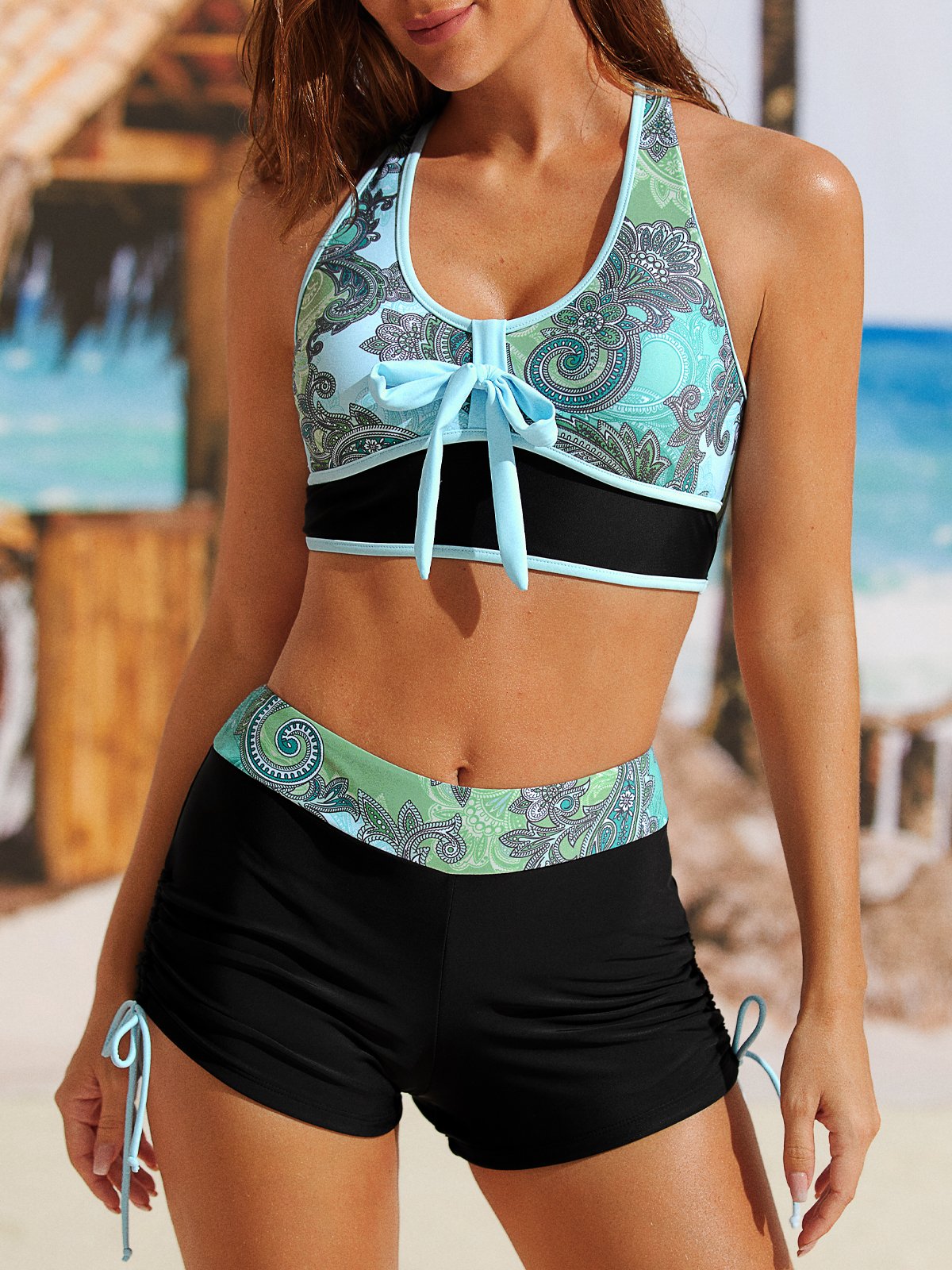 flowersverse Vacation Ethnic Printing Spaghetti Bikinis Two-Piece Set