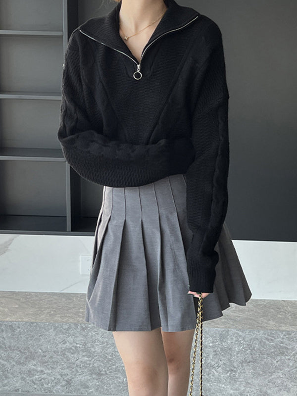 flowersverse Simple Batwing Sleeves Long Sleeves Jacquard Solid Color Lapel Collar Sweater Tops