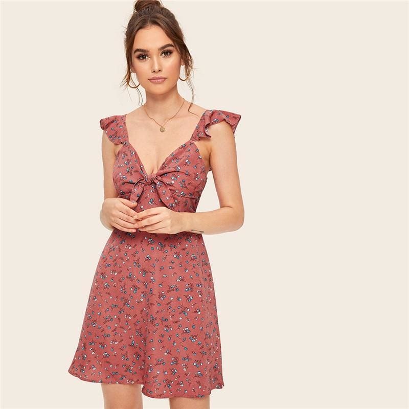 flowersverse Boho Ditsy Floral Knot Neck Ruffle Trim Summer Dress