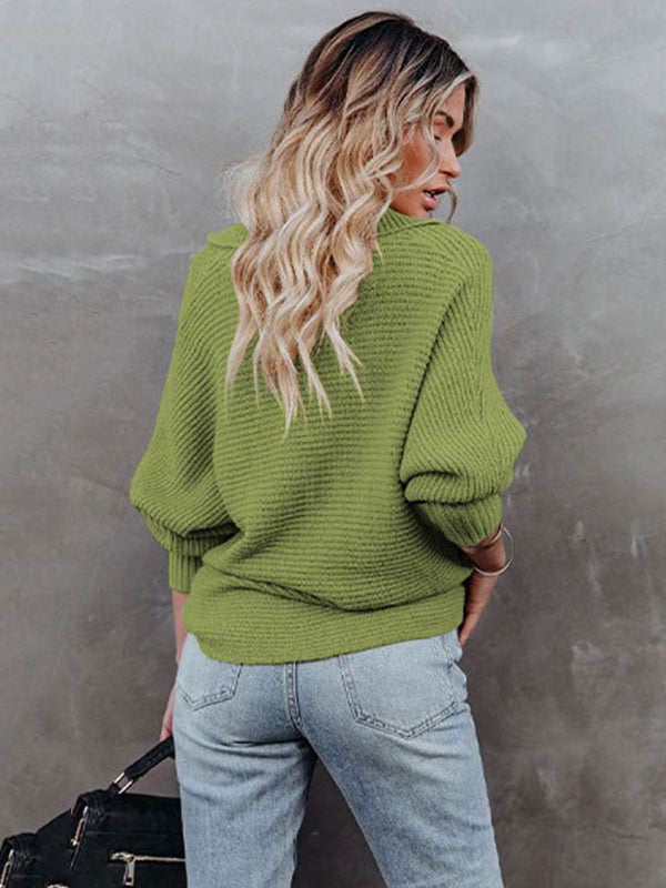flowersverse Long Sleeves Solid Color Lapel V-Neck Sweater Tops