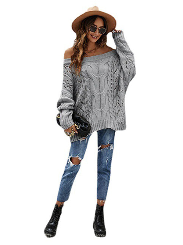 flowersverse Vintage Long Sleeves Loose Solid Color Off-The-Shoulder Sweater Tops