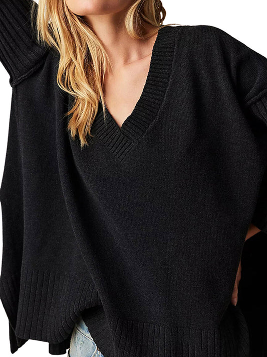 flowersverse Solid Color Split-Joint Split-Side Long Sleeves Loose V-Neck Sweater Tops Pullovers