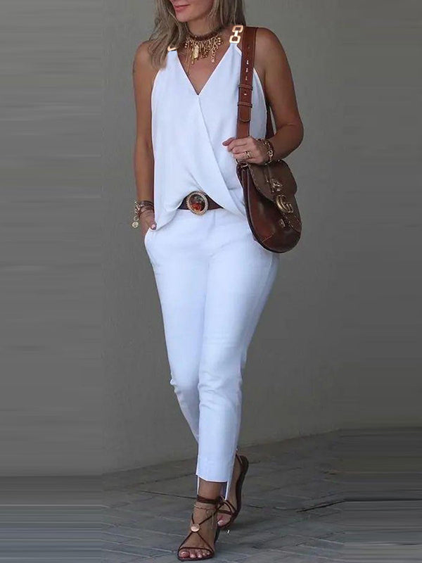 flowersverse Solid Color Split-Joint Sleeveless V-Neck Vest Top