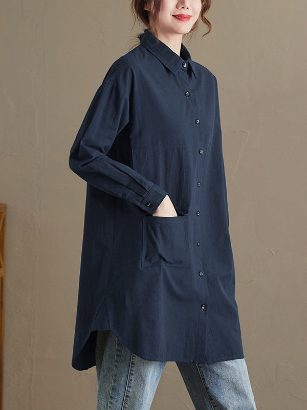 flowersverse Simple Solid Buttoned Lapel Collar Long Sleeves Blouse