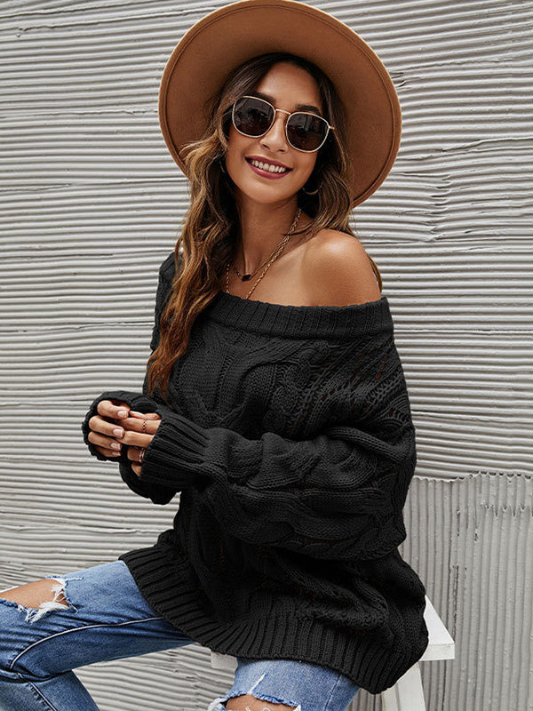 flowersverse Vintage Long Sleeves Loose Solid Color Off-The-Shoulder Sweater Tops