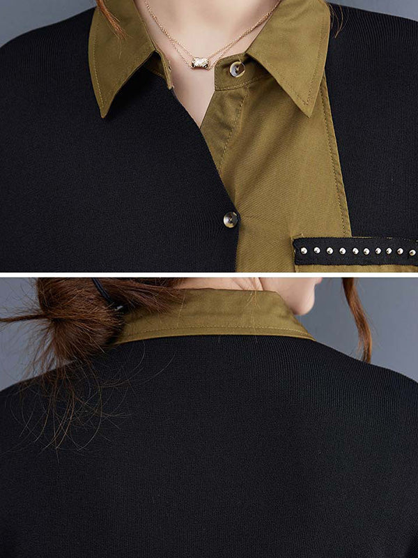 flowersverse Artistic Retro Loose Split-Joint With Pocket Buttoned Lapel Collar Long Sleeves False Two Blouse