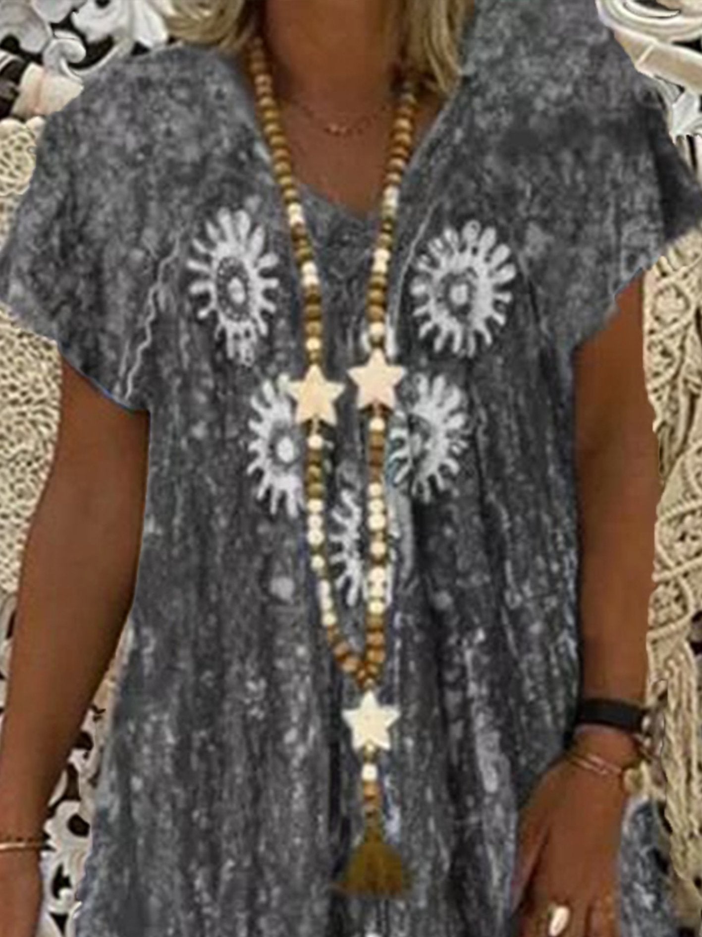 flowersverse New Women Chic Plus Size Vintage Boho Hippie Holiday V Neck Cotton Short Sleeve Weaving Dress