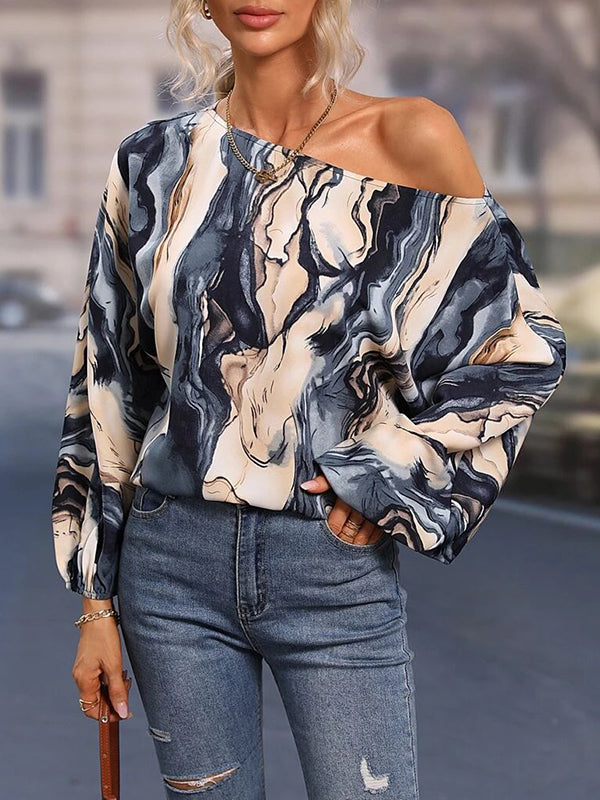 flowersverse Asymmetric Printed Long Sleeves Loose One-Shoulder Blouses&Shirts Tops