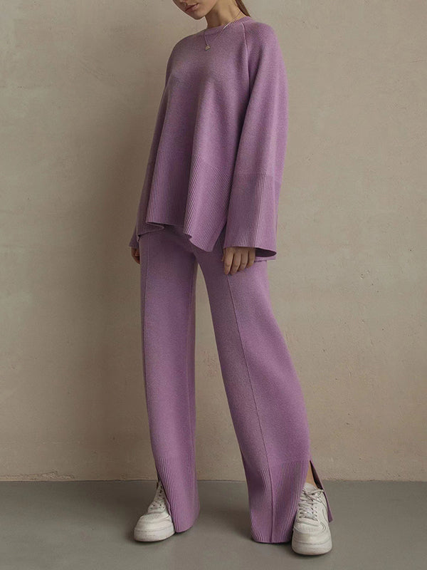 flowersverse Casual Long Sleeves Loose Solid Color Round-Neck Sweater Tops & Wide Leg Pants Two Pieces Set