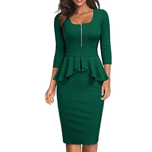 flowersverse Women's Work Dress Sheath Dress Semi Formal Dress Elegant Midi Dress Ruffle Zipper Square Neck 3/4 Length Sleeve Plain Regular Fit Black Wine Navy Blue Spring Summer S M L XL XXL