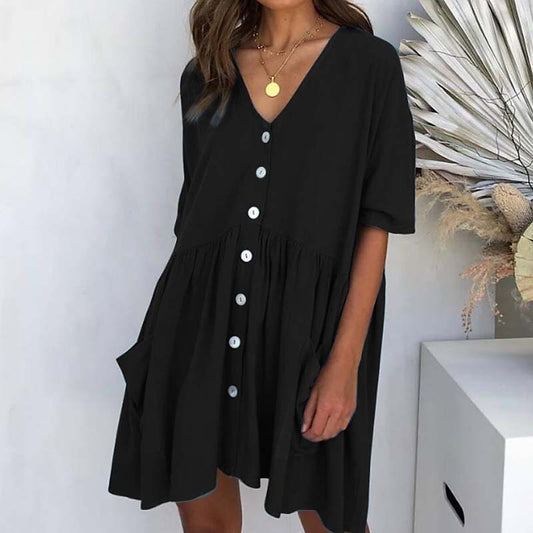 flowersverse Women's Casual Dress Linen Dress Tiered Dress Mini Dress Black White Pink Short Sleeve Pure Color Ruched Winter Fall Spring V Neck Basic Daily Vacation Loose Fit S M L XL XXL 3XL
