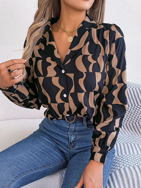 flowersverse Buttoned Contrast Color Long Sleeves Notched Collar Blouses&Shirts Tops