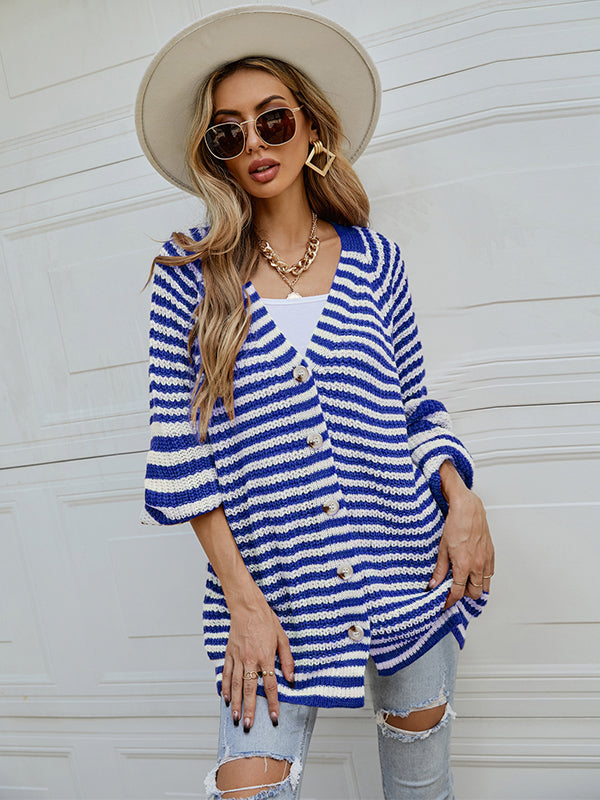 flowersverse Casual Loose Long Sleeves Striped V-Neck Cardigan Tops