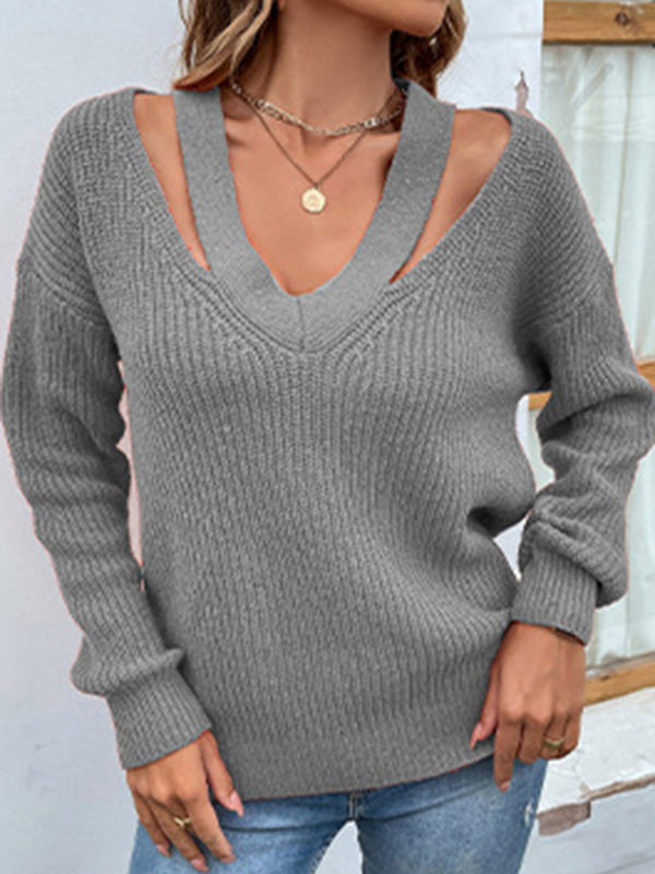 flowersverse Stylish Loose Solid Color V-Neck Sweater Tops
