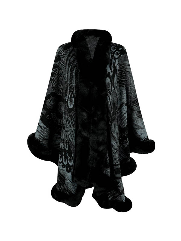 flowersverse Jacquard Keep Warm Velvet Long Sleeves Loose Collarless Shawl Cape