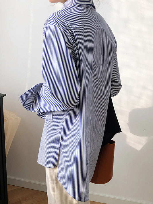 flowersverse Urban Loose Striped Lapel Collar Blouses&Shirts Tops