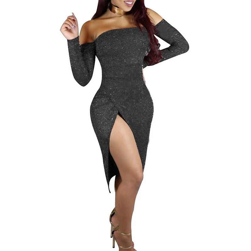 flowersverse Women's Semi Formal Dress Party Dress Sheath Dress Cocktail Party Club Midi Dress Party Hot Off Shoulder Long Sleeve Backless Split Regular Fit Black Dark Green Light Purple Pure Color S M L XL