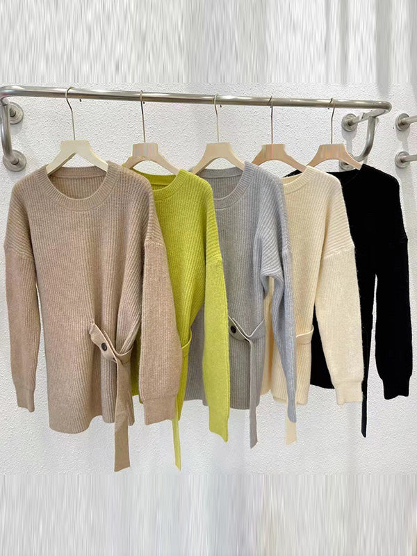 flowersverse Casual Long Sleeves Loose Solid Color Round-Neck Sweater Tops