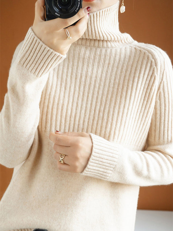 flowersverse Casual Long Sleeves Loose Solid Color High-Neck Sweater Tops