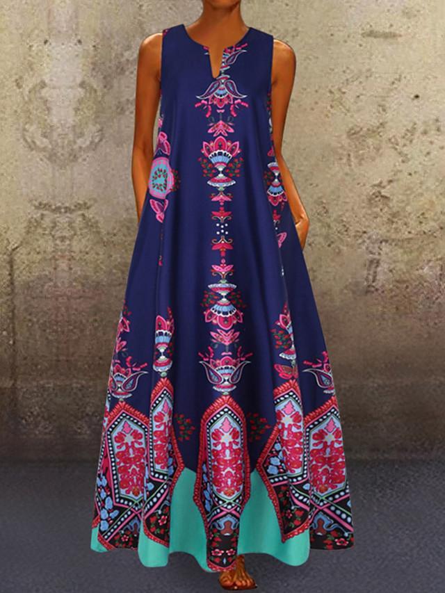 flowersverse Women's A-Line Dress Maxi Long Dress - Sleeveless Pocket Print Spring & Summer V Neck Hot Casual Boho Holiday White Black Blue Yellow Light Blue White Dresses