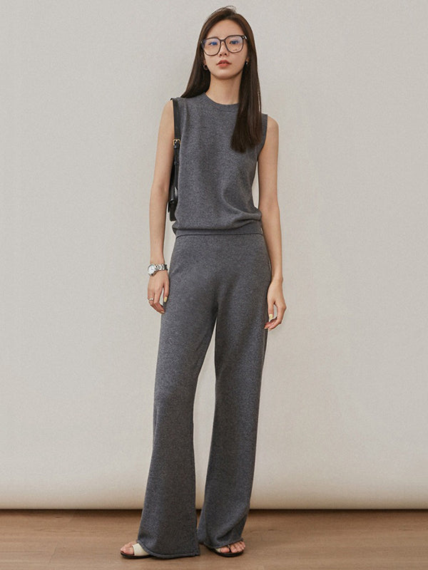 flowersverse Urban Loose Solid Round-Neck Vest Top& V-Neck Sweater Tops& Wide Leg Pants Three-Piece Set