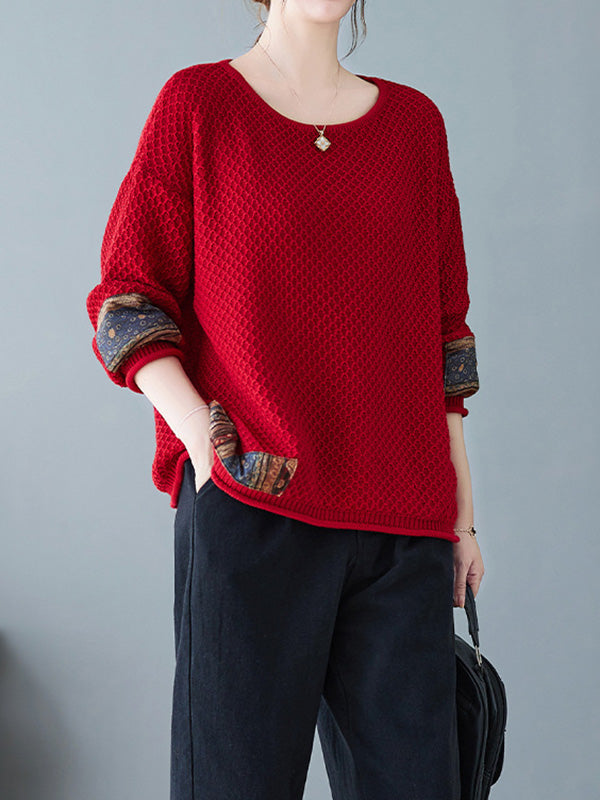 flowersverse Printed Split-Joint Long Sleeves Loose Round-Neck Sweater Tops Pullovers