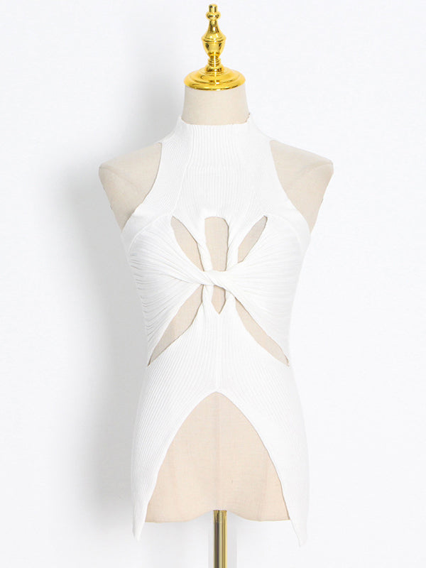 flowersverse Stylish Irregularity Hollow Split-Joint Solid Color Knitting Vest Top
