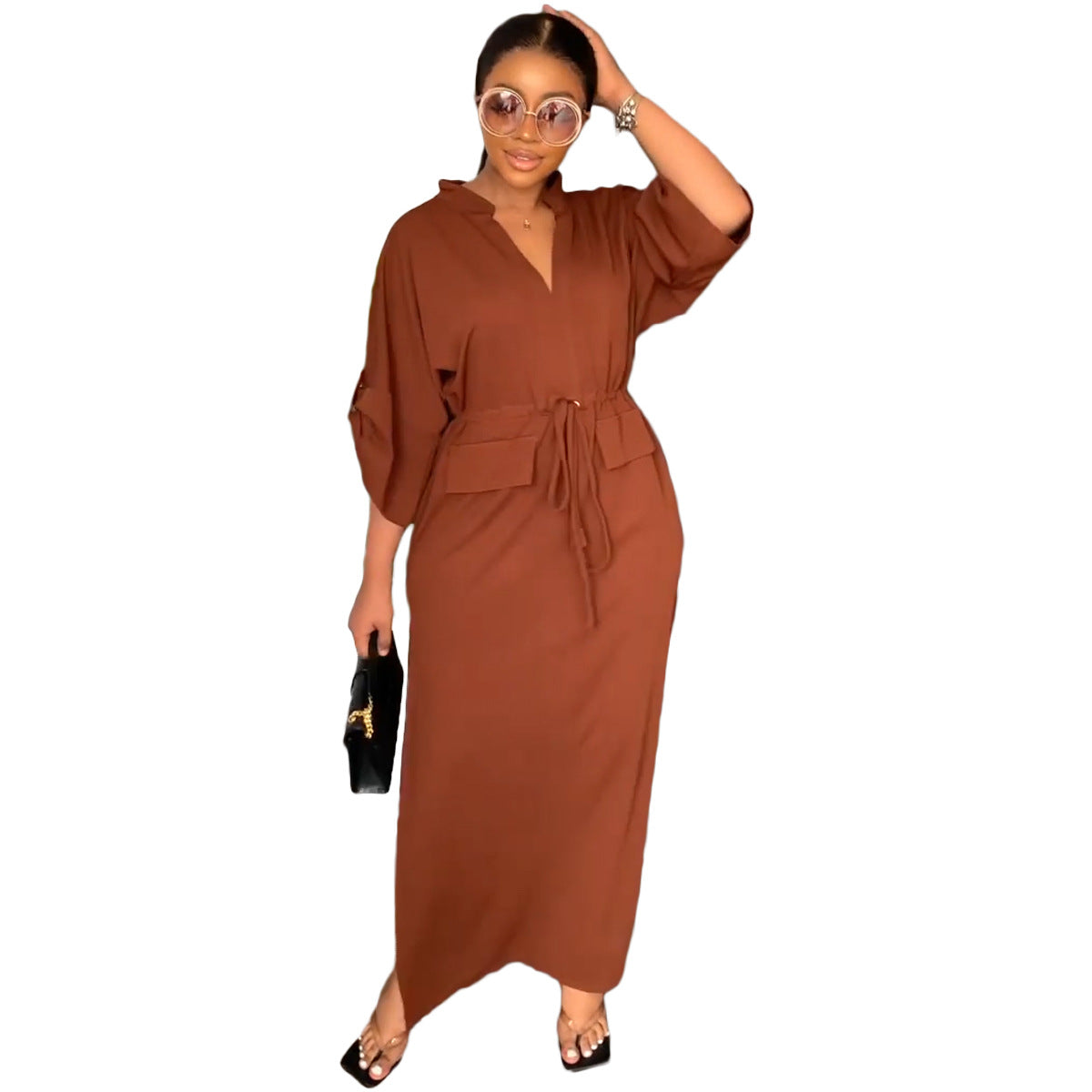 flowersverse Women's Casual Mid Waist Fashion Collar Solid Color Dress