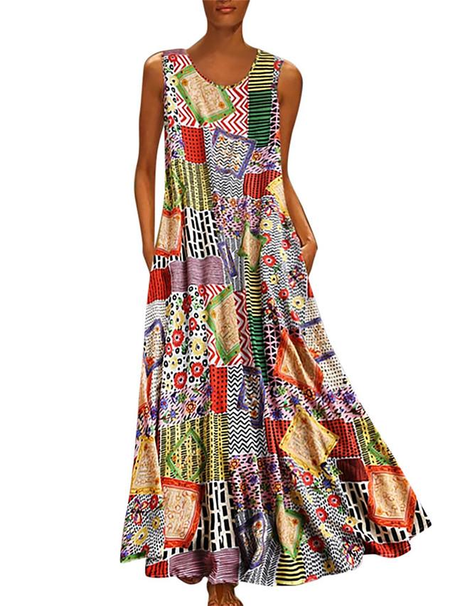 flowersverse Women's A-Line Dress Maxi Long Dress Sleeveless Tribal Print Summer Hot Casual Mumu Khaki M