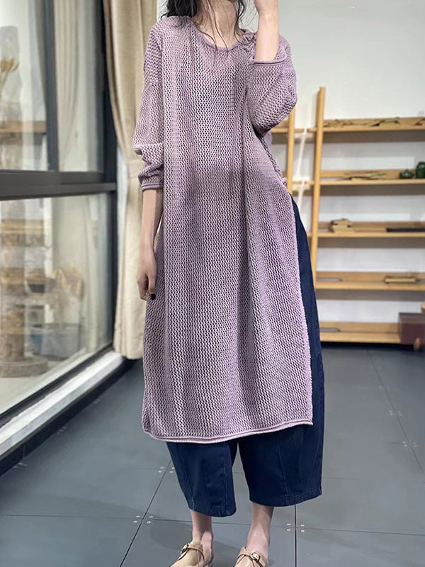 flowersverse Asymmetric Hollow Split-side Long Sleeves Loose Round-neck Sweater Tops